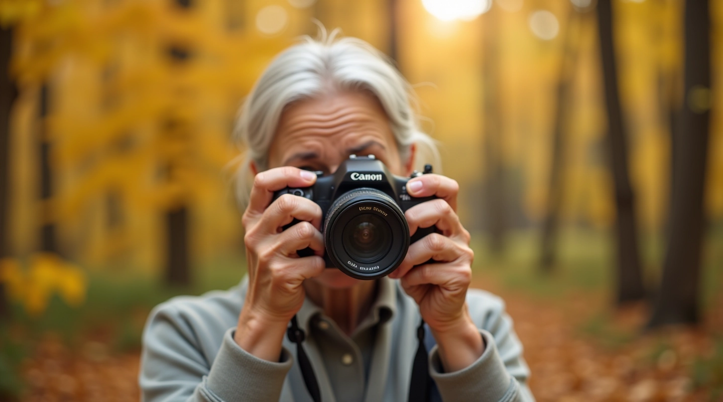 Pensininko moteris fotografuojanti gamtos peizažą